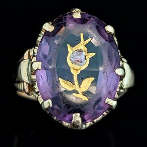 Antique Rose Cut Diamond Amethyst Gold Inlay Ring 14k 10k Yellow Gold Victorian